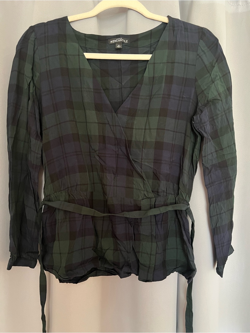 J.Crew Mercantile Plaid Long Sleeve Blouse Green & Black Like New
